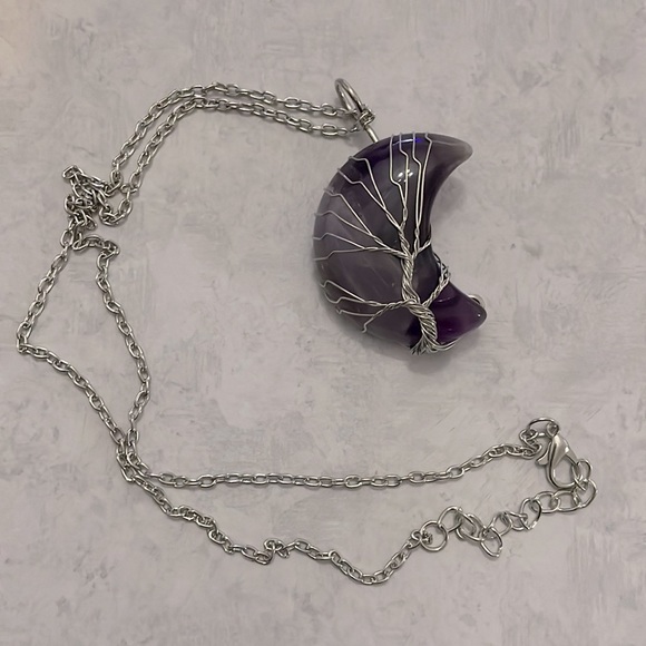 Jewelry - Amethyst Moon Crystal Necklace Jewelry Tree of Life for Calmness Handmade Purple